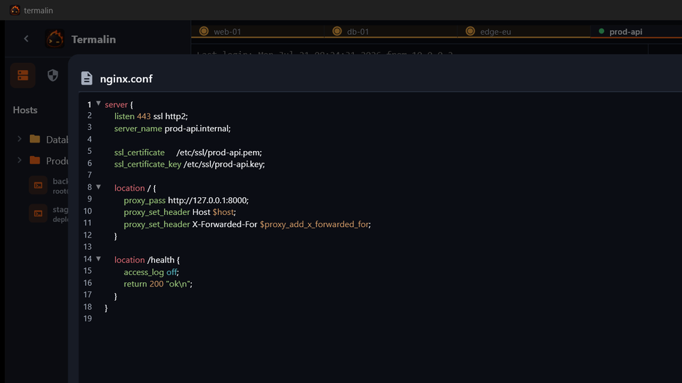 Editing nginx.conf with syntax highlighting in Termalin's built-in editor